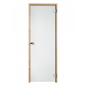 Saunan lasiovi puu karmilla, kirkkaalla lasilla ja nuppivetimellä