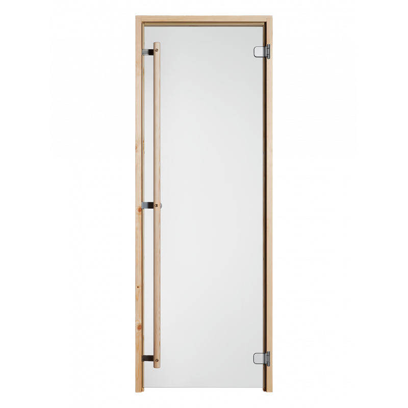 Saunan lasiovi puu karmilla, kirkkaalla lasilla ja pystyvetimellä