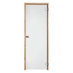 Saunan lasiovi puu karmilla, kirkkaalla lasilla ja nuppivetimellä