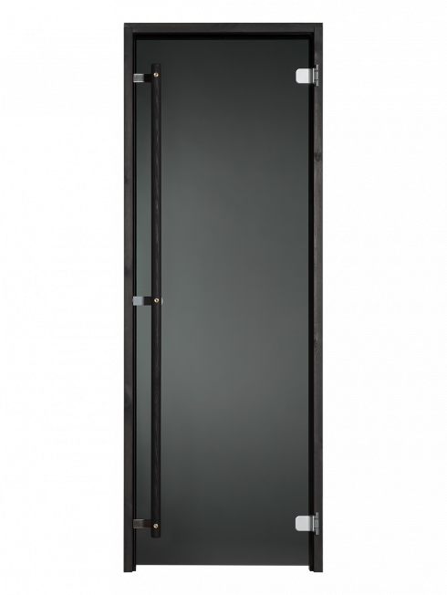 Saunan lasiovi mustalla karmilla, mustalla lasilla ja pystyvetimellä