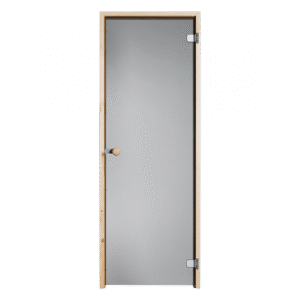 Saunan lasiovi puu karmilla, harmaalla lasilla ja nuppivetimellä