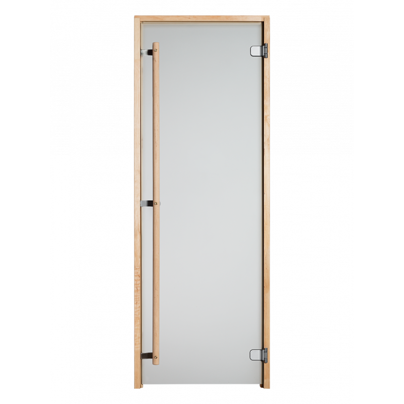 Saunan lasiovi puu karmilla, kirkkaalla lasilla ja pystyvetimellä