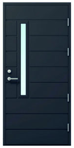 tummanharmaa ulko-ovi pysty lasiaukolla ja vaakaura kuviolla